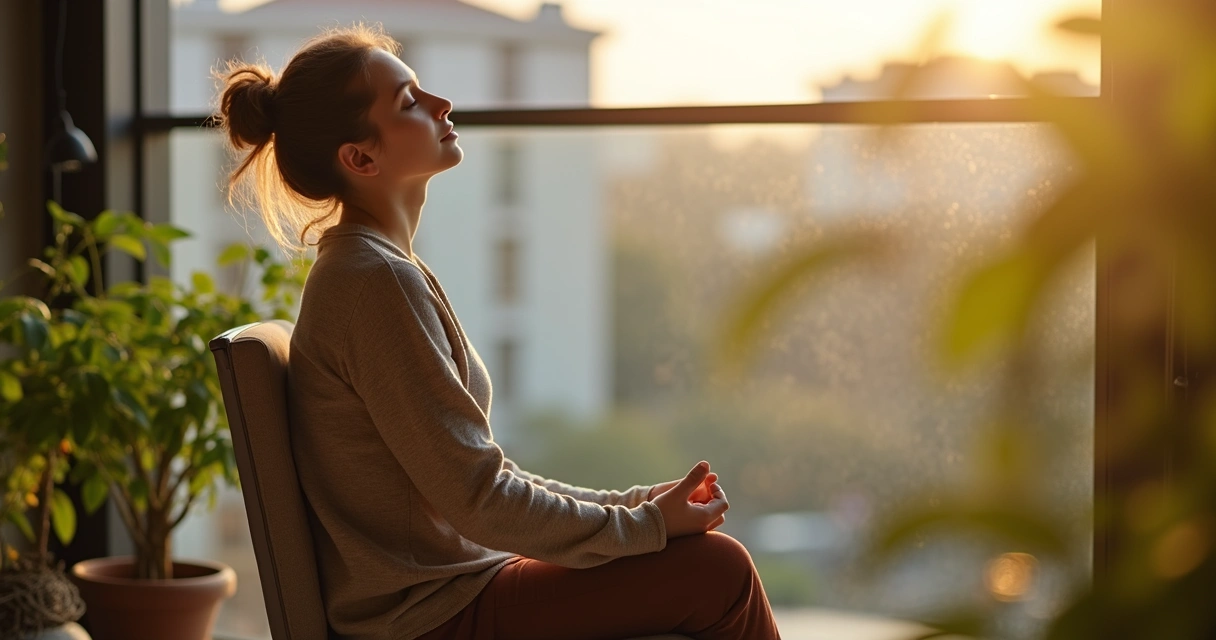 Pessoa sentada em cadeira na varanda, olhos fechados, respirando profundamente. 