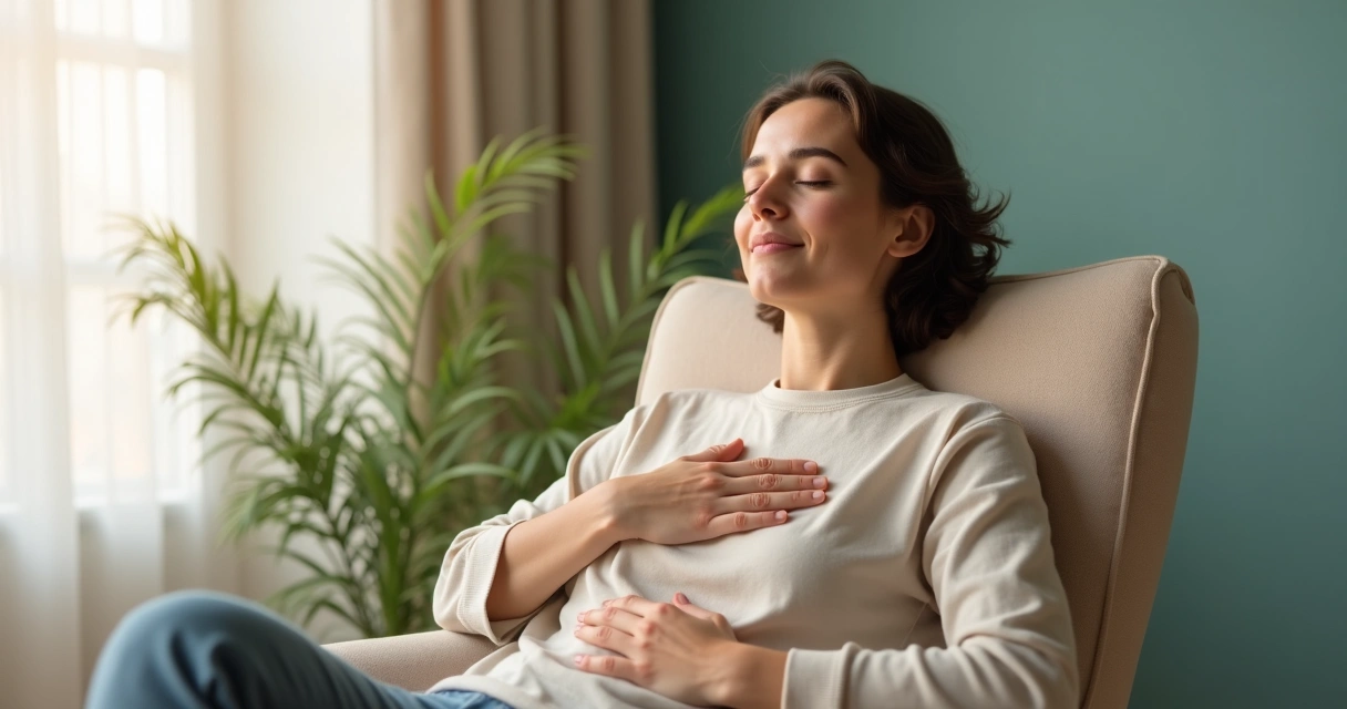 Pessoa sentada em posição confortável praticando respiração consciente, olhos fechados, ambiente calmo e luz suave 