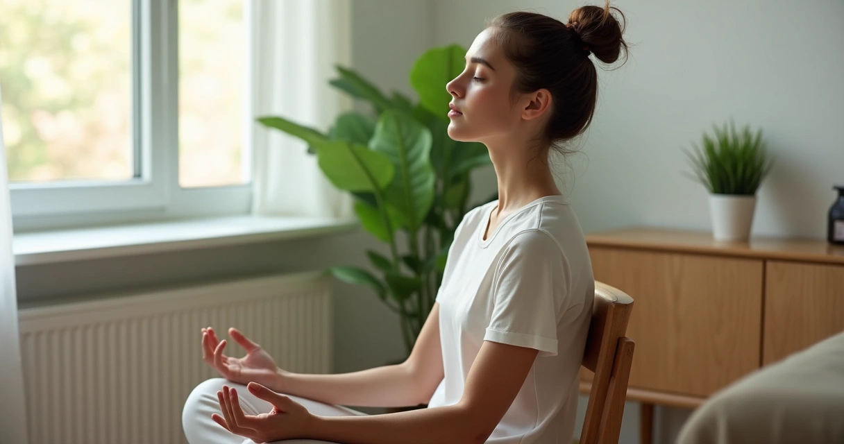 Pessoa sentada em cadeira praticando respiração consciente em ambiente tranquilo. 