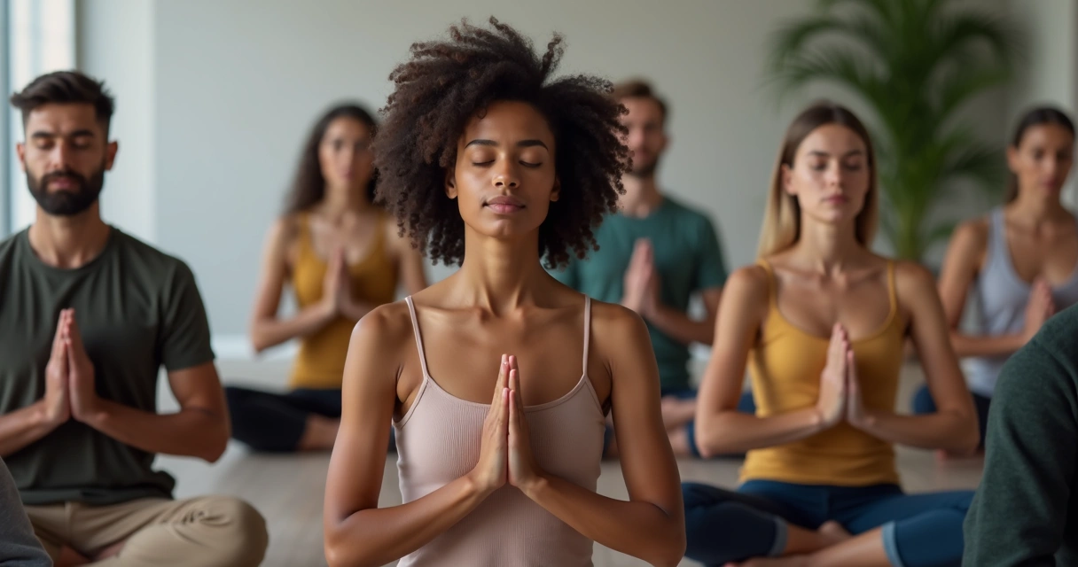 Grupo sentado praticando respiração consciente juntos. 