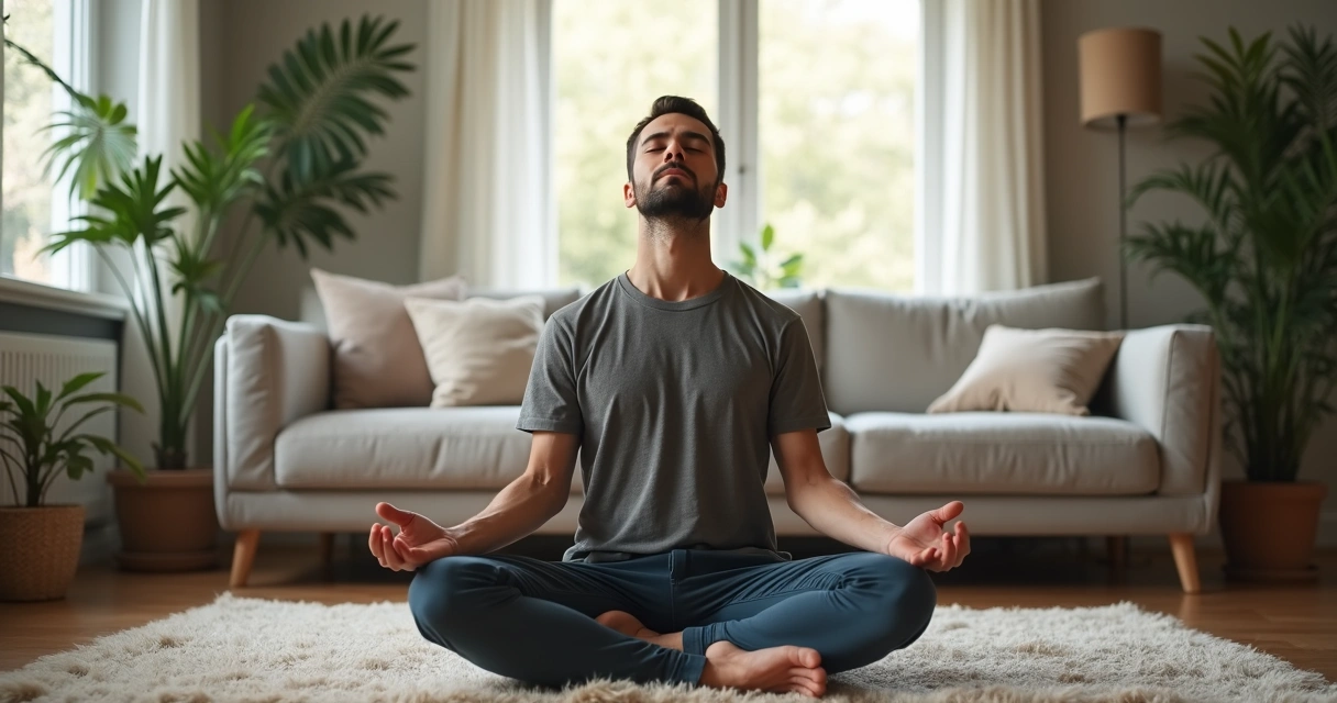 Homem sentado praticando respiração consciente 