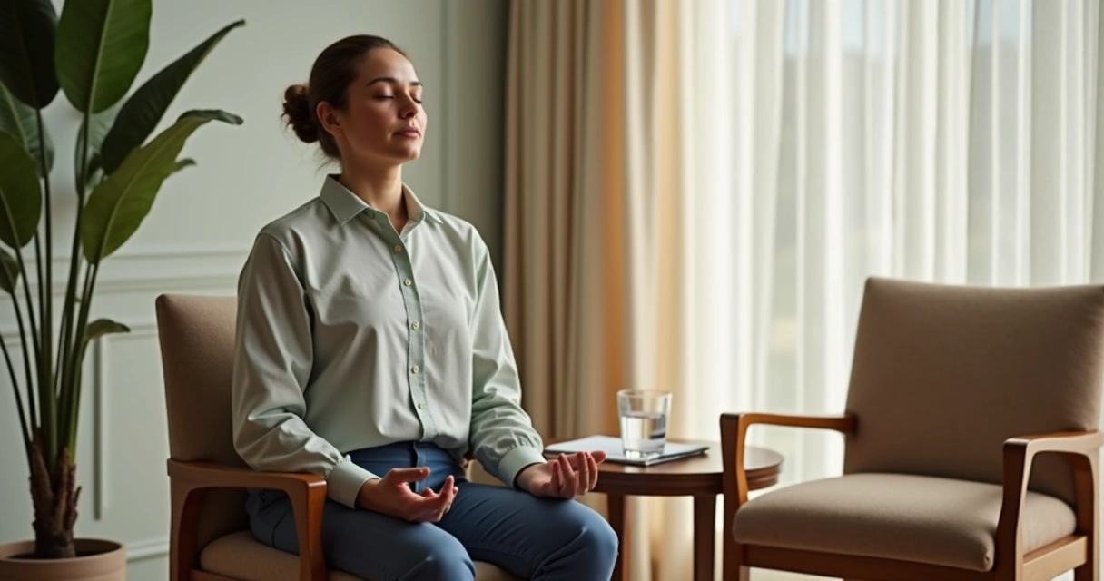 Pessoa sentada, olhos fechados, respirando profundamente em uma sala de entrevista.