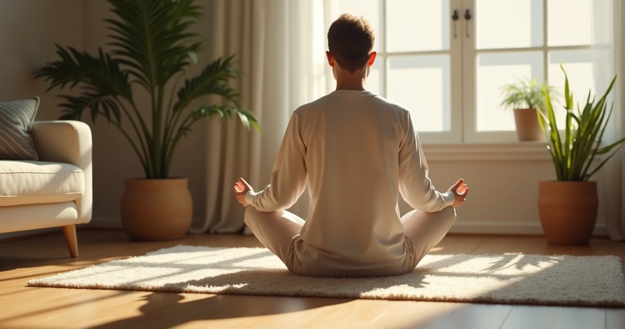 Pessoa sentada em posição de meditação com luz suave ao redor 