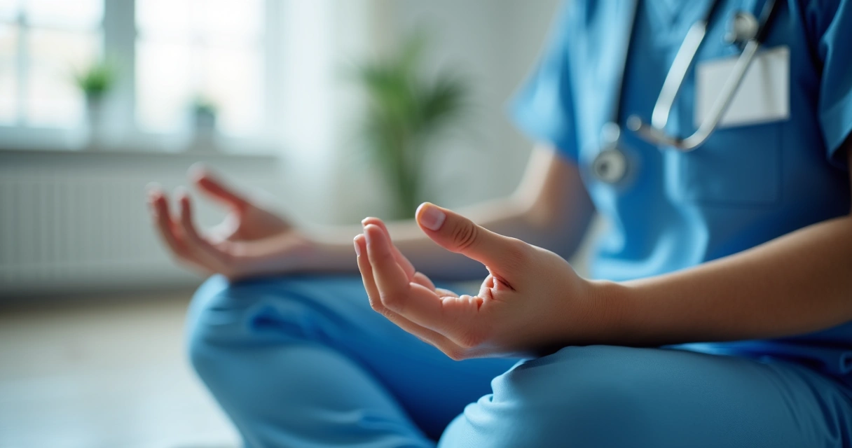 Mãos de profissional da saúde em prática de respiração consciente