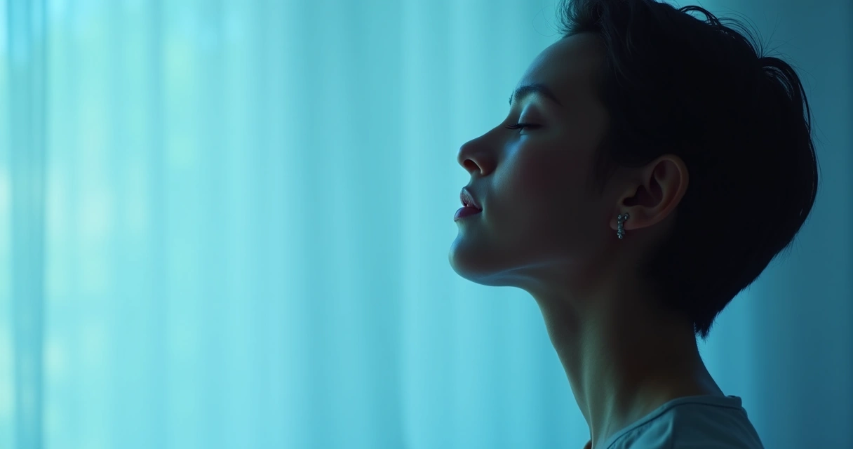 Close-up de pessoa com olhos fechados, de perfil, respirando profundamente, fundo azul claro 