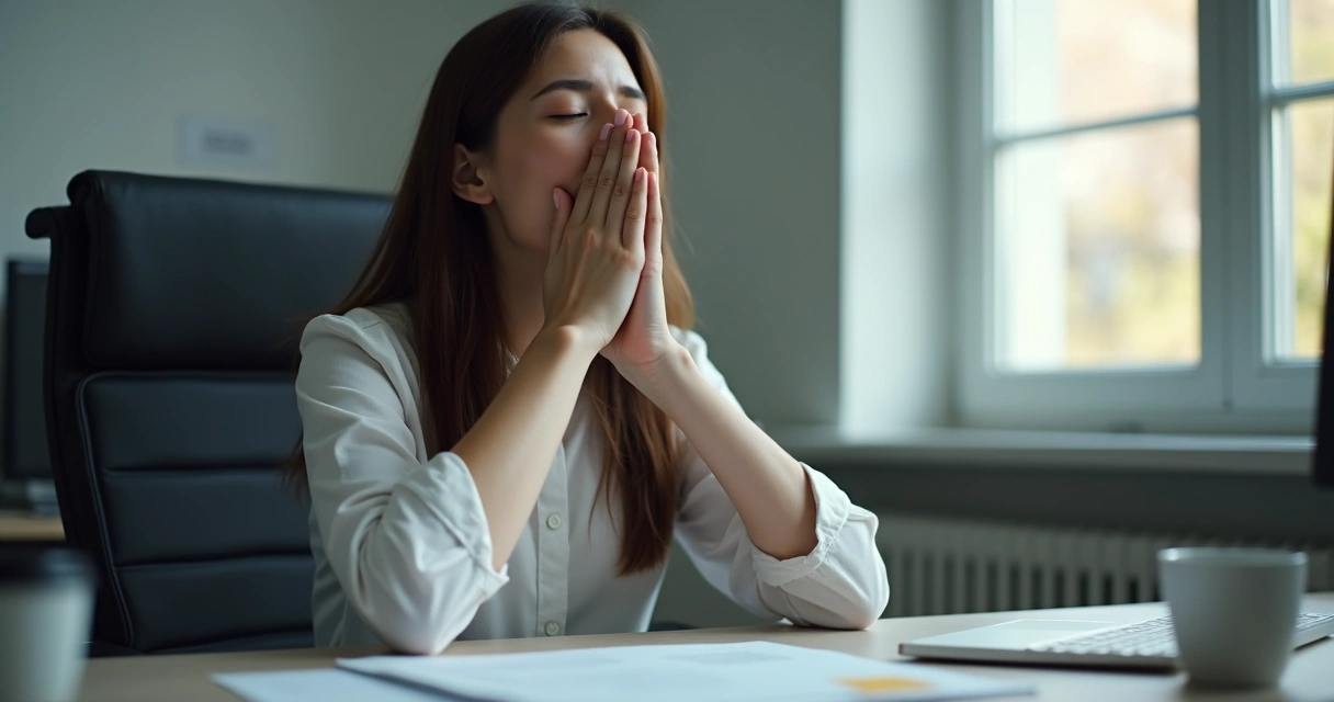 Pessoa respirando profundamente em ambiente de trabalho 
