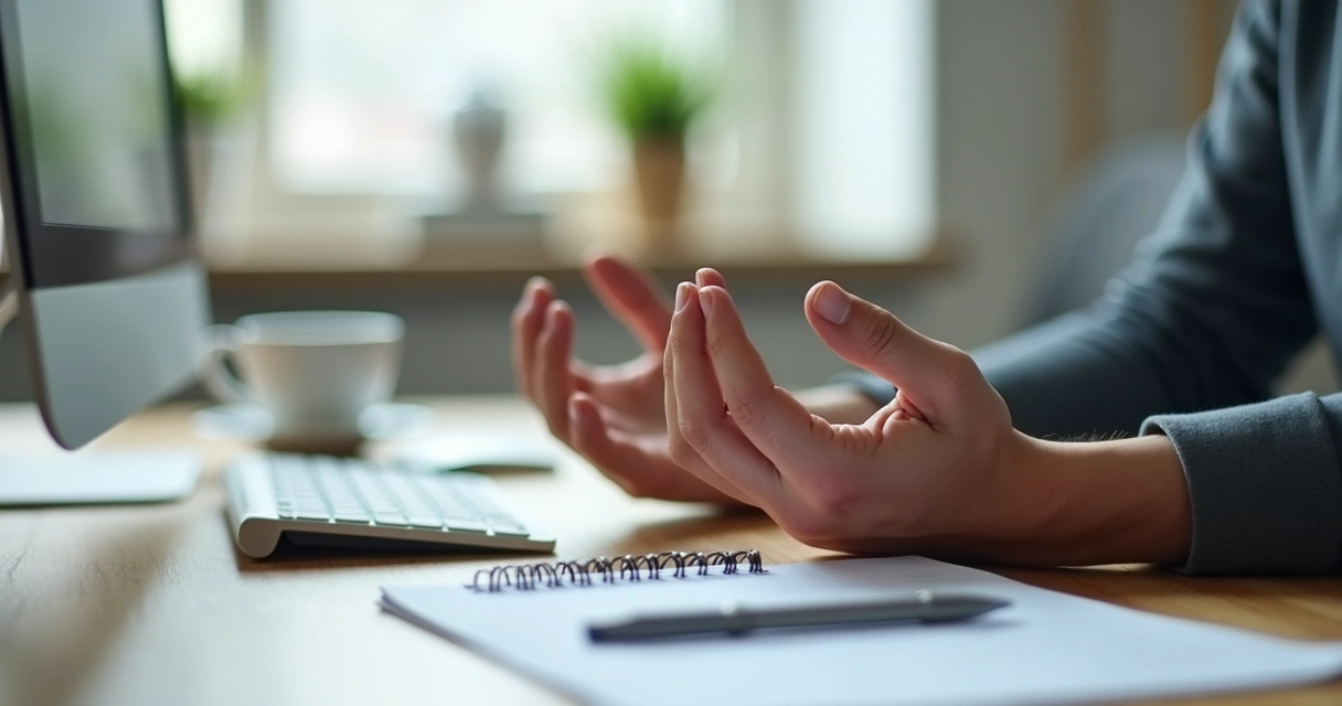 Mãos sobre a mesa durante respiração consciente no trabalho
