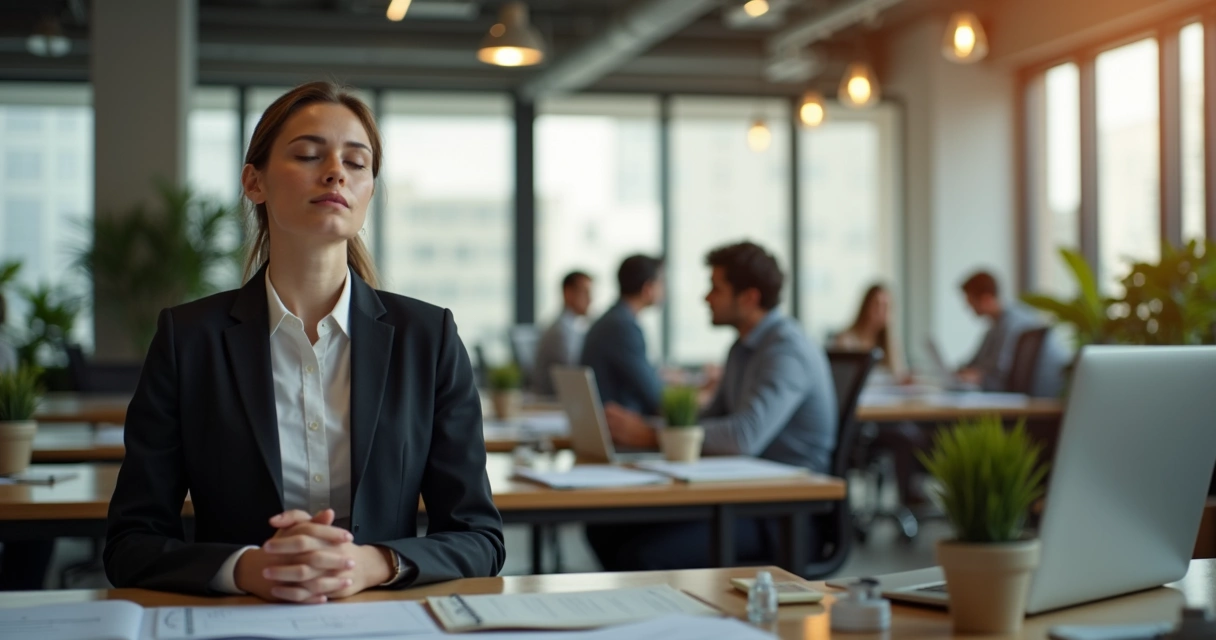 Pessoa sentada na cadeira do escritório, olhos fechados, mãos sobre o colo, praticando respiração consciente, com colegas de trabalho em segundo plano ao redor de uma mesa grande. 
