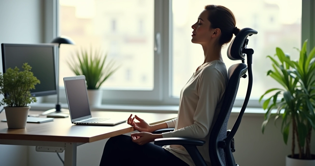 Pessoa sentada em cadeira de escritório praticando respiração consciente 