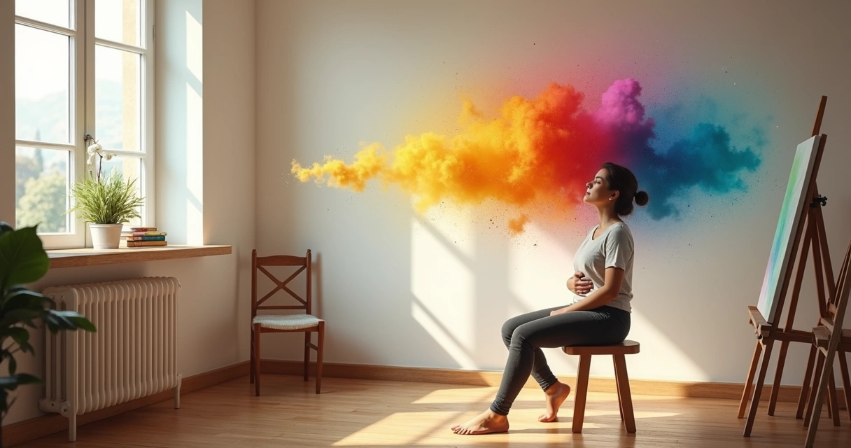 Pessoa em sala artística exalando respiração que vira nuvens coloridas criativas 