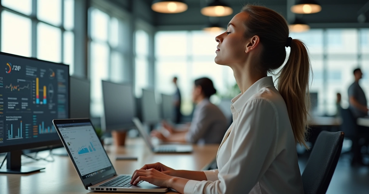 Executiva respirando fundo diante do computador em ambiente de trabalho intenso 