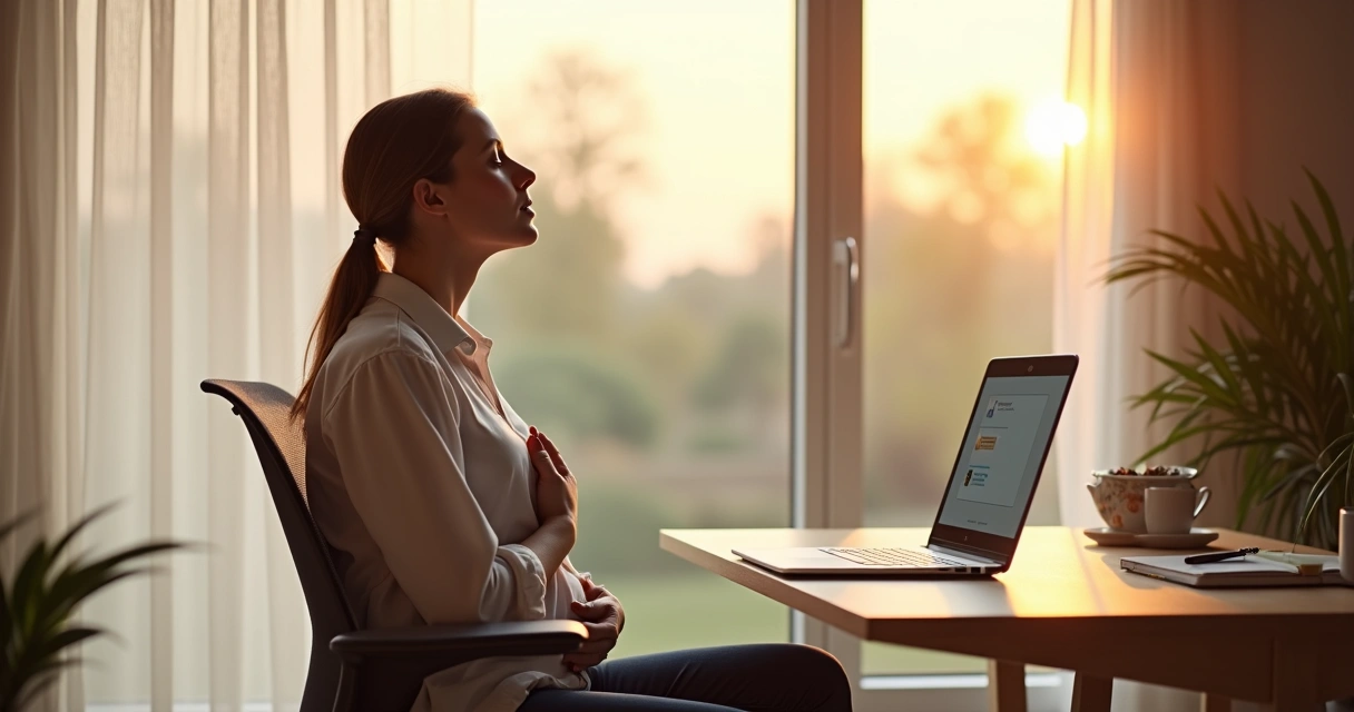 Pessoa sentada em cadeira respirando fundo antes de tomar uma decisão em frente ao notebook 