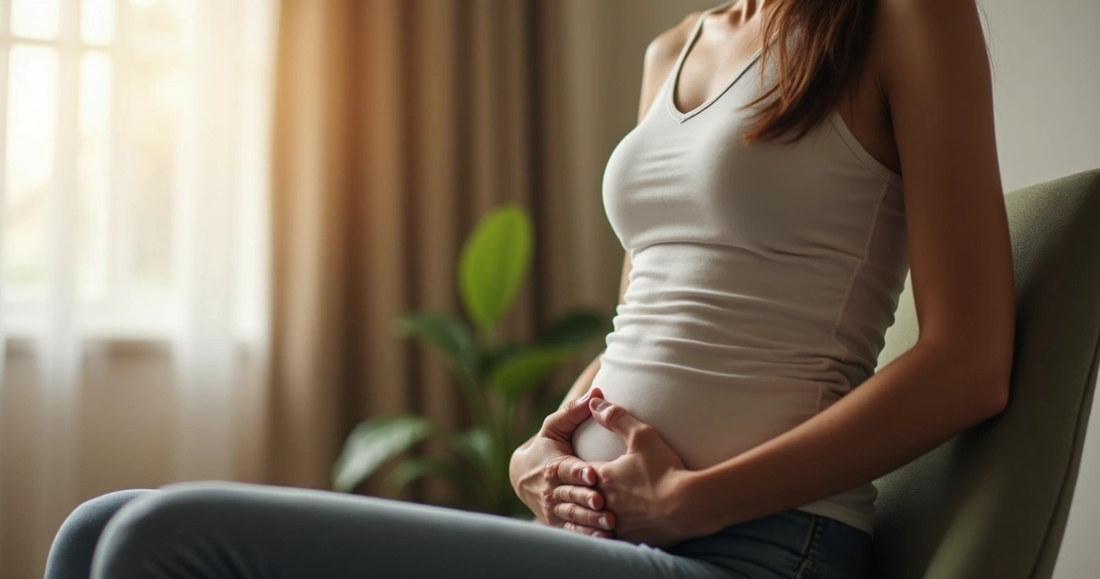 Pessoa sentada em cadeira, com as mãos no abdômen, praticando respiração profunda 
