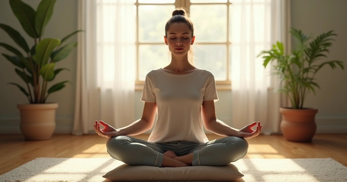 Pessoa sentada em silêncio com olhos fechados em ambiente calmo 