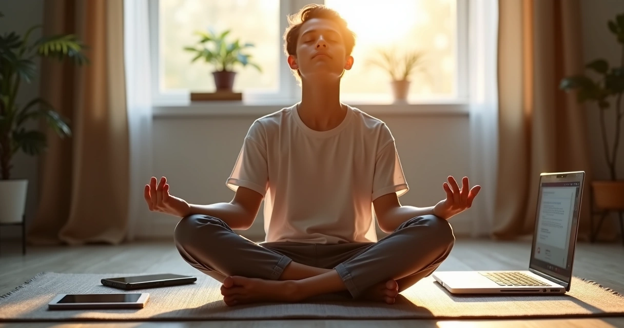 Pessoa sentada meditando com celular e computador ao redor 