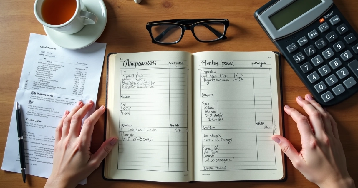 Caderno com contas, xícara e mãos em pausa para respirar