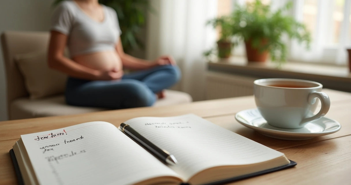 Caderno aberto, xícara e pessoa respirando em mesa de trabalho