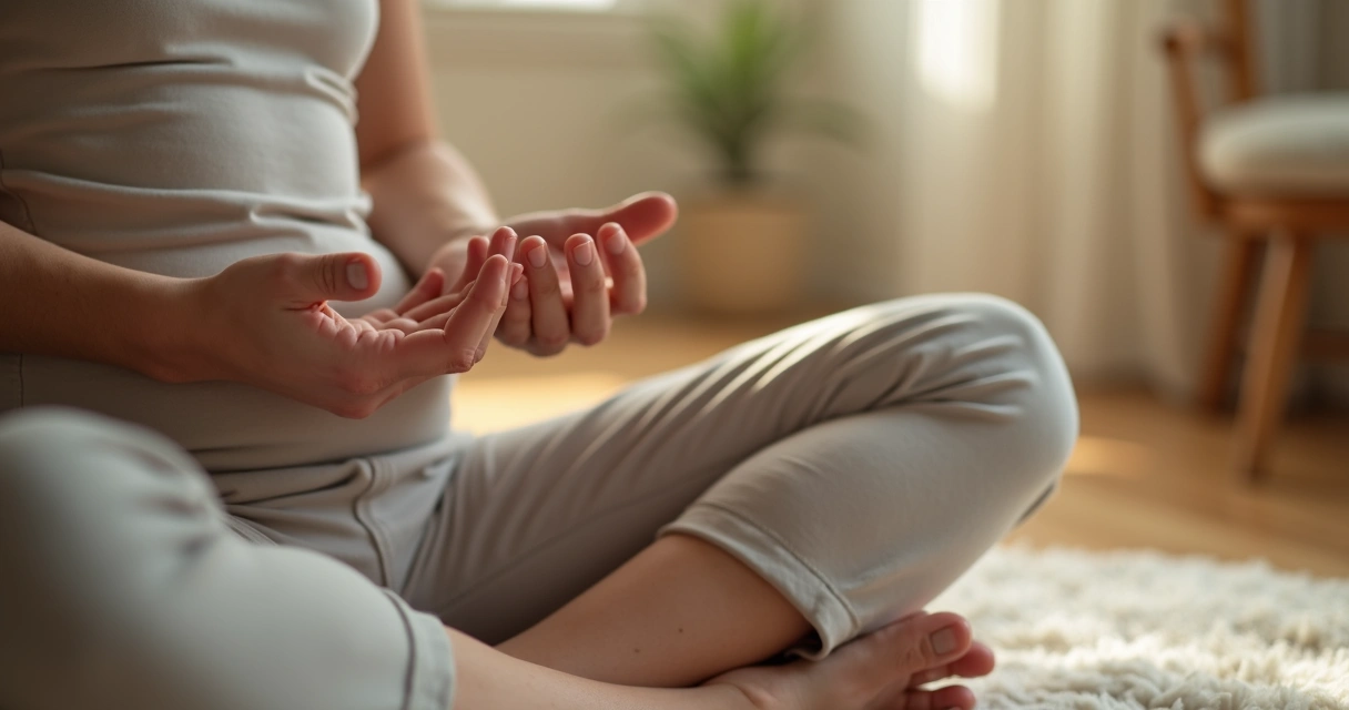 Mãos sobre o peito durante exercício de respiração consciente