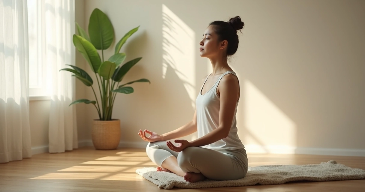 Pessoa sentada respirando em ambiente calmo com luz suave 