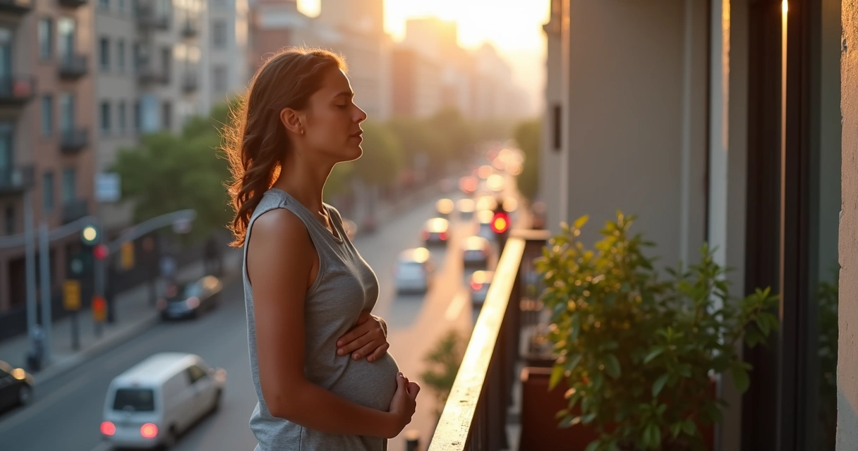 Pessoa respirando calmamente em varanda com sons da cidade ao fundo 