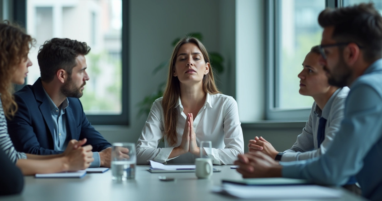 Pessoa respirando com calma em reunião tensa