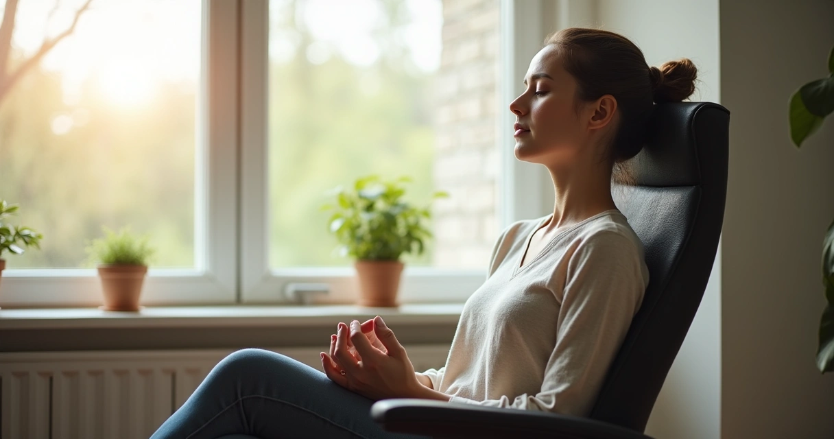 Pessoa sentada em cadeira respirando fundo olhando pela janela tranquila 