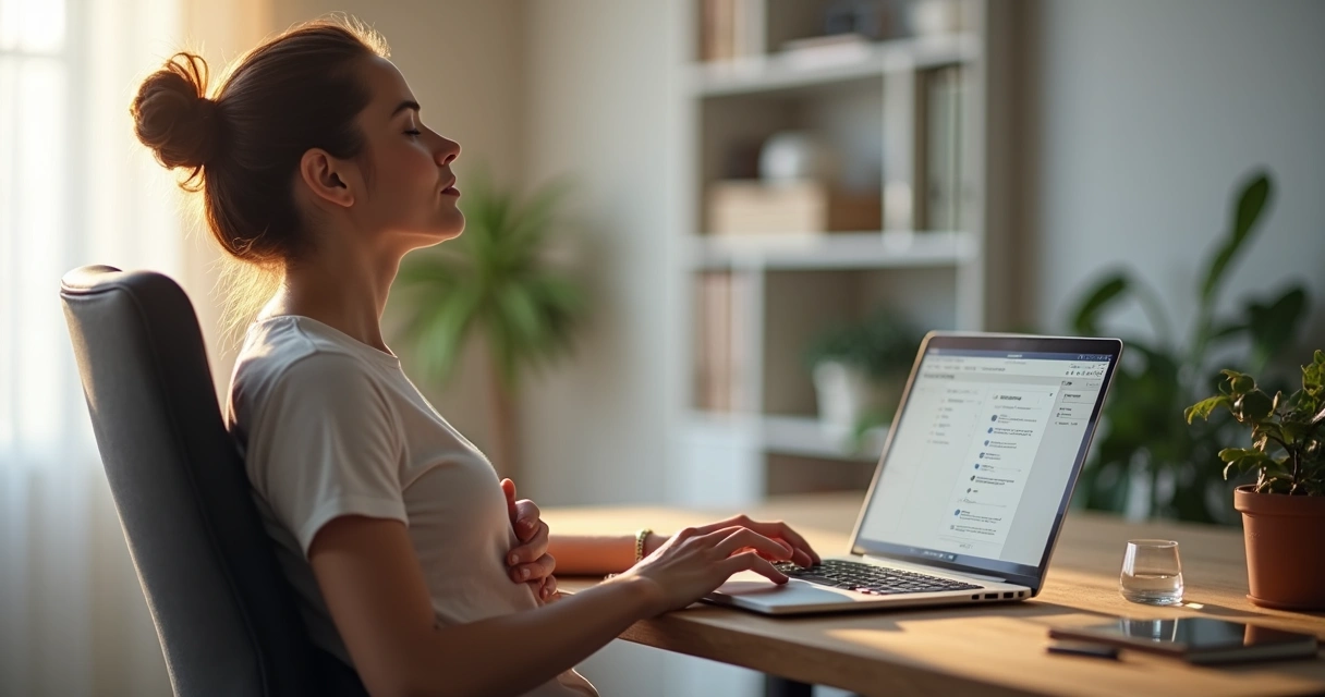 Pessoa respirando fundo em frente ao computador para reduzir estresse digital 