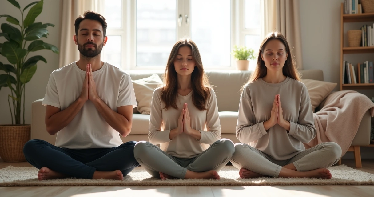 Família sentada na sala praticando respiração consciente 