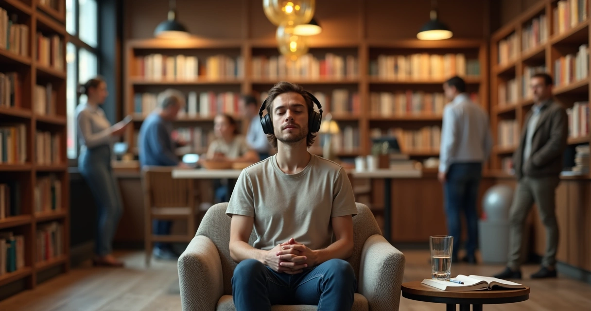 Pessoa usando fones e respirando fundo em poltrona de leitura com movimento ao fundo 