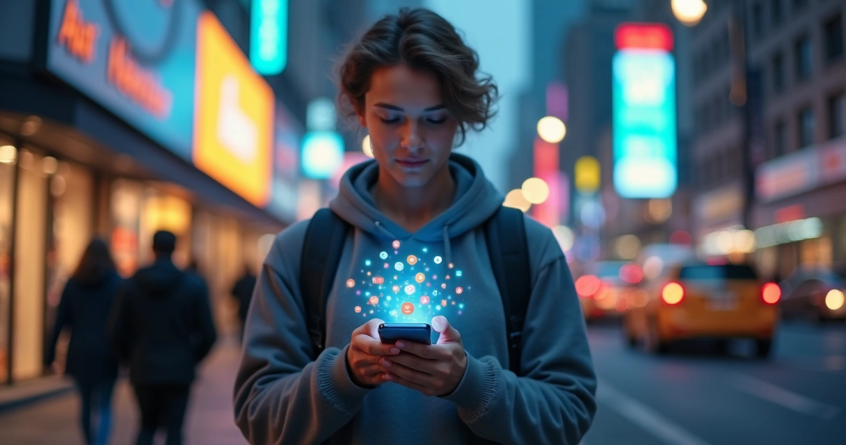 Pessoa andando na cidade com foco na respiração enquanto o celular mostra notificações nebulosas 