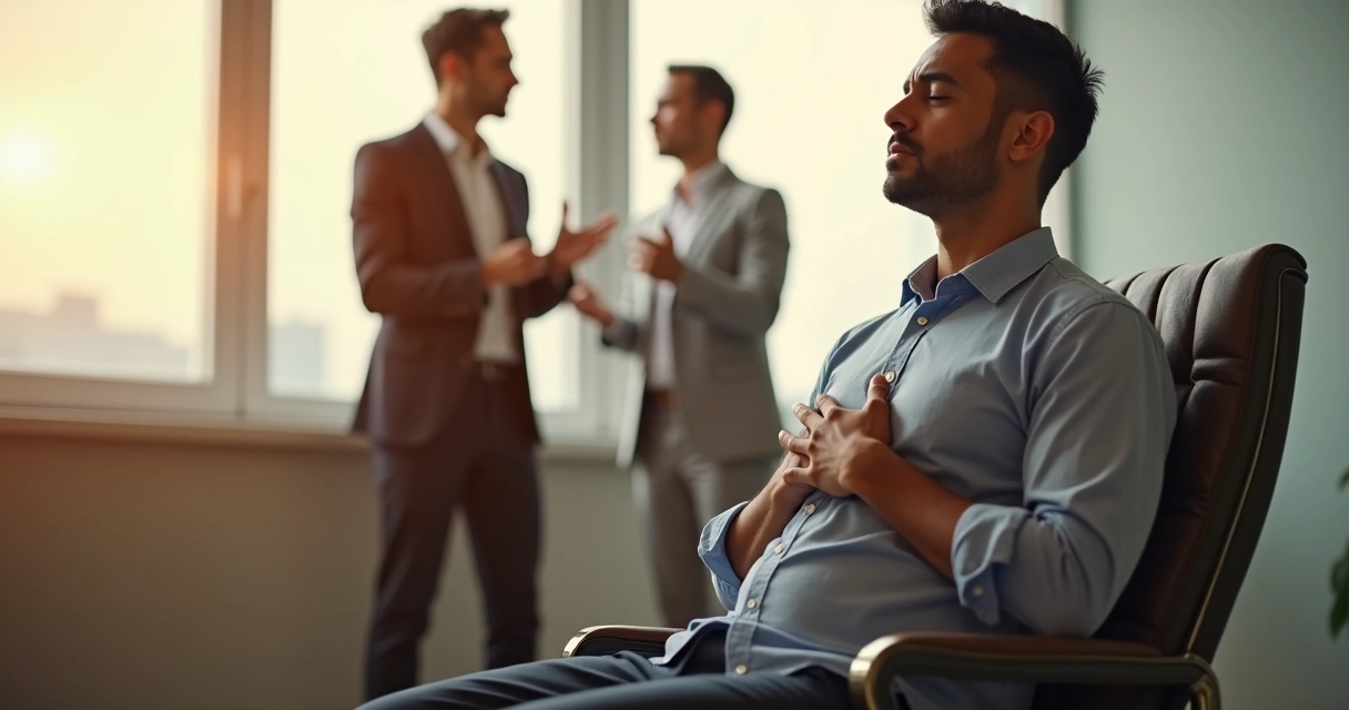 Pessoa sentada em uma cadeira, olhos fechados, segurando a barriga, praticando respiração profunda em meio à discussão ao fundo 