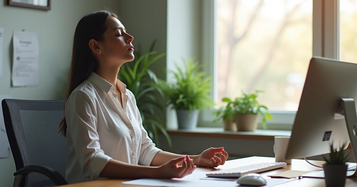 Pessoa praticando respiração relaxante no ambiente de trabalho, sentado à mesa, olhos fechados e postura ereta 