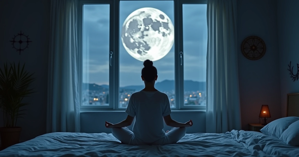 Pessoa em posição de meditação com a luz da lua refletindo no rosto perto da janela 
