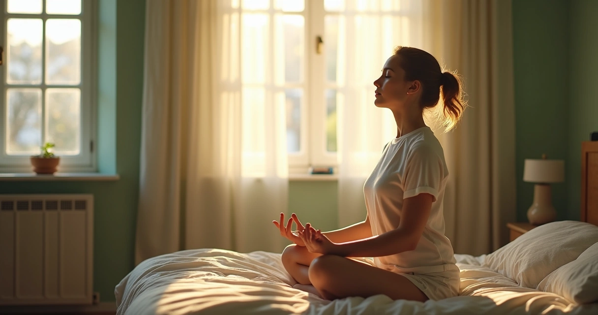 Pessoa sentada na cama de manhã, de olhos fechados, praticando respiração consciente com luz suave entrando pela janela