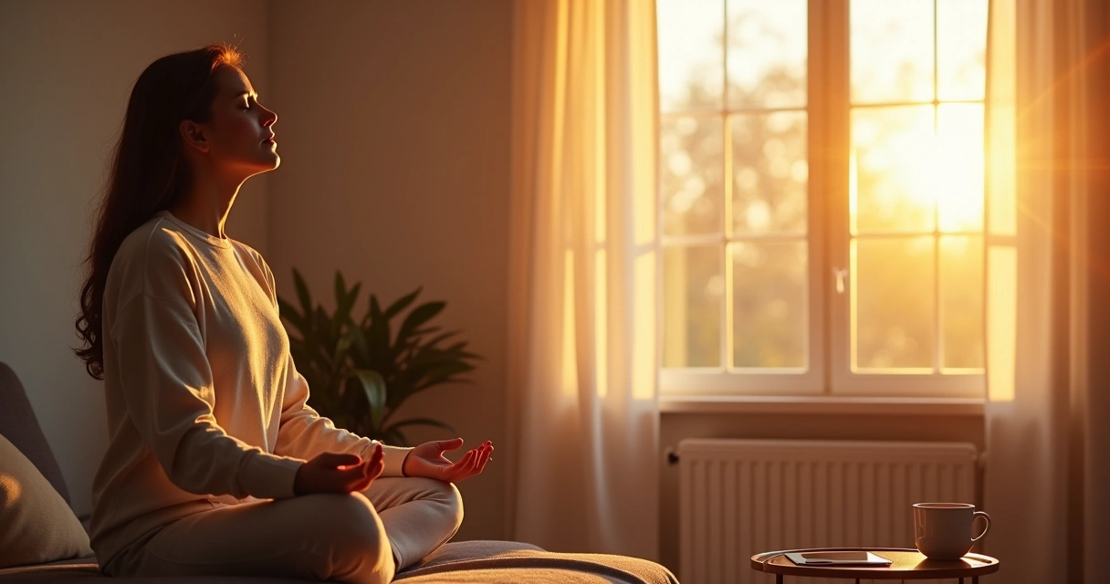 Pessoa sentada praticando respiração matinal junto à janela 