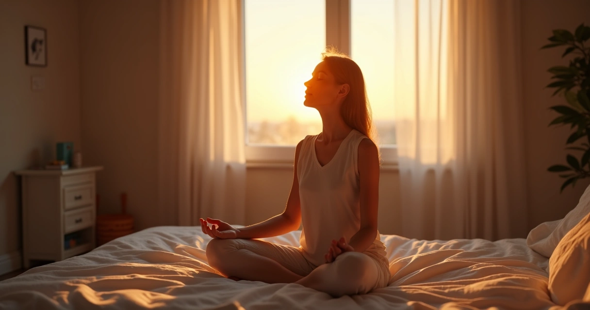 Pessoa sentada na cama ao amanhecer, respirando conscientemente 