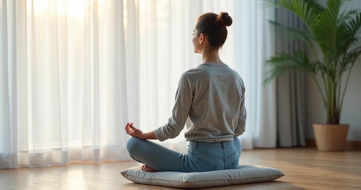 Pessoa sentada meditando com foco na respiração e postura estável 