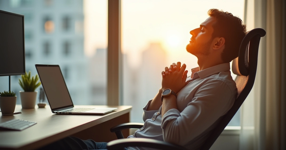 Pessoa sentada na cadeira praticando respiração consciente no escritório