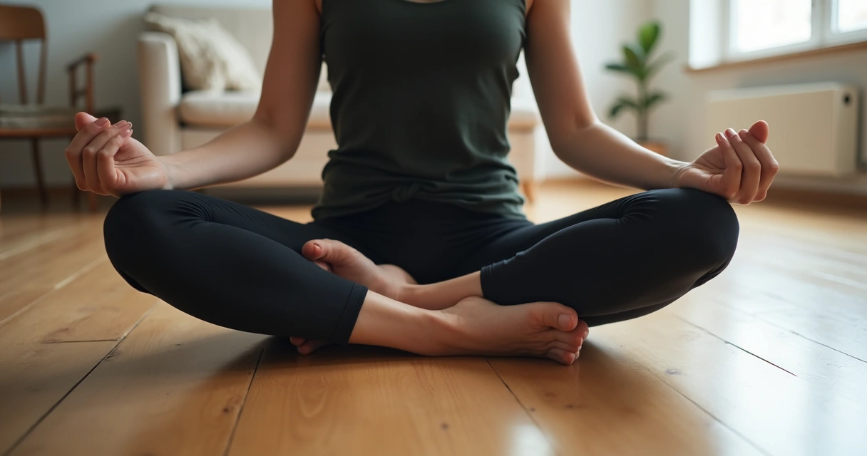 Pessoa sentada em meditação com expressão serena, respirando profundamente 