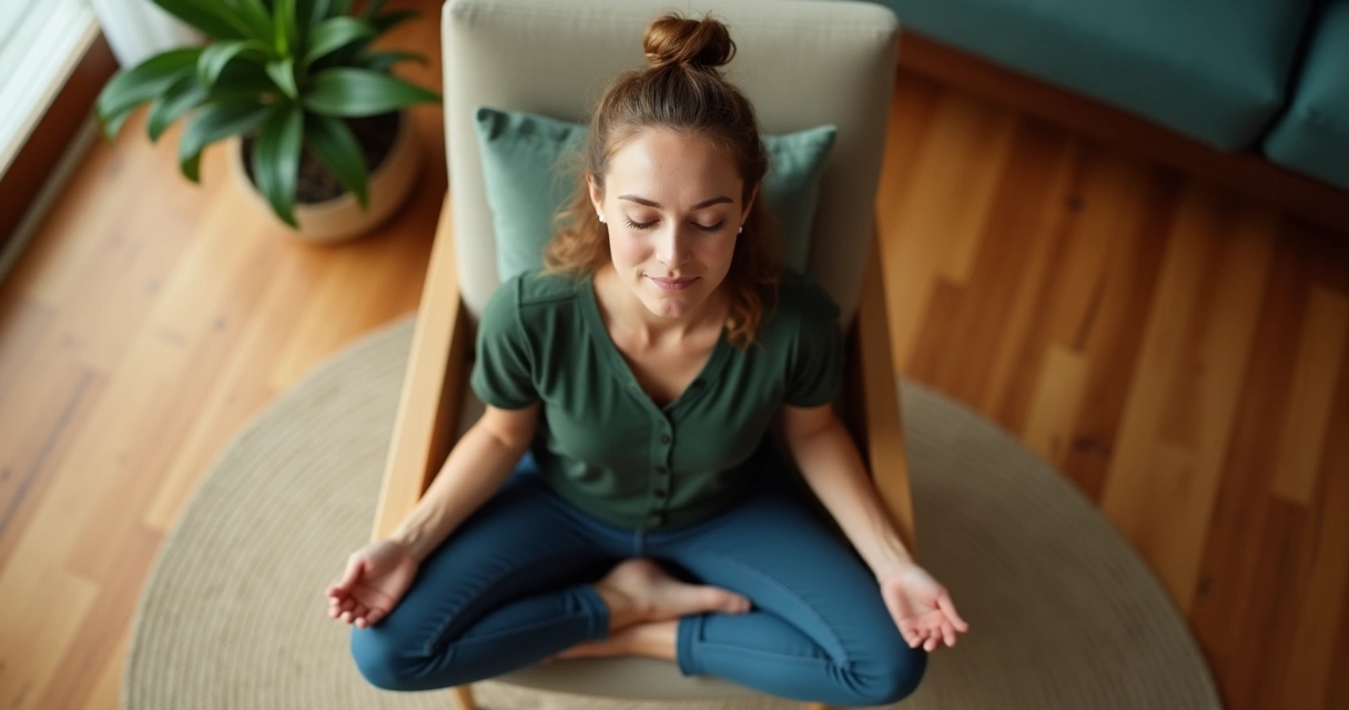 Pessoa praticando respiração consciente sentada em cadeira 