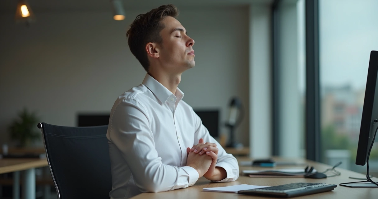 Profissional fazendo respiração consciente sentado à mesa em ambiente de trabalho 