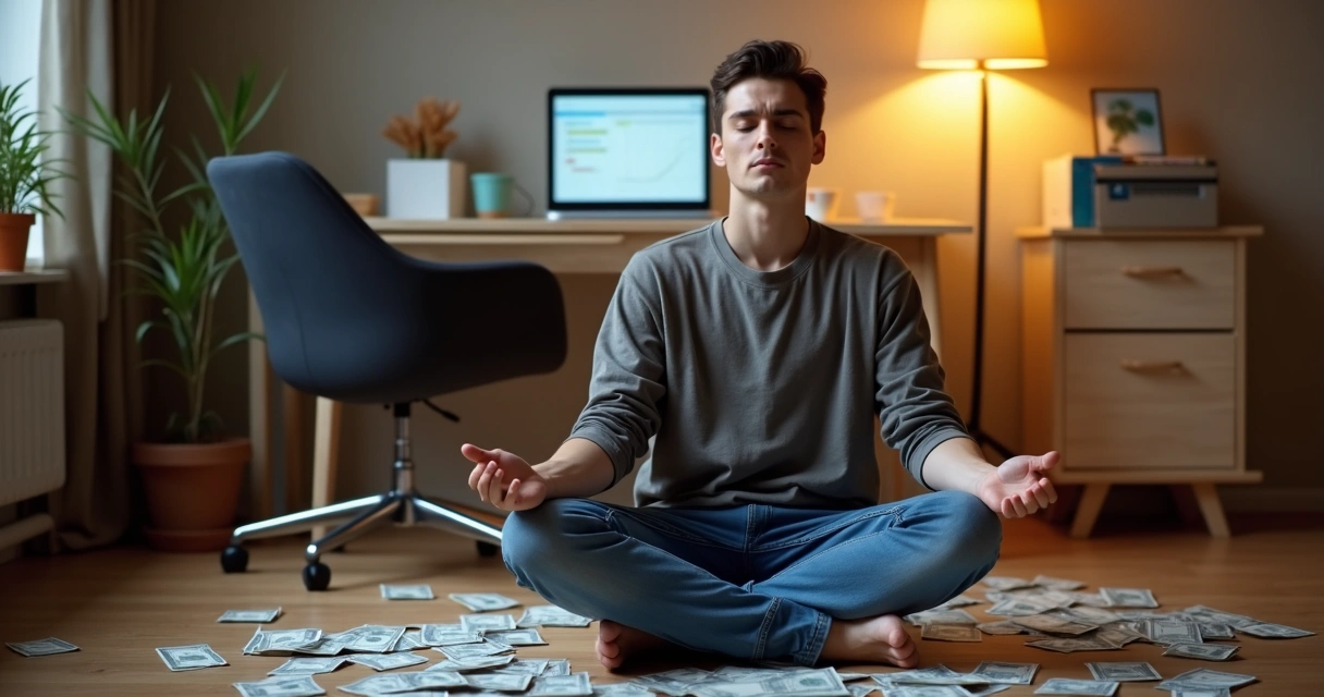 Homem sentado de pernas cruzadas praticando respiração consciente com contas e cartões ao lado