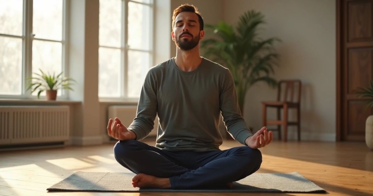 Homem fazendo técnica de respiração consciente sentado em ambiente tranquilo. 