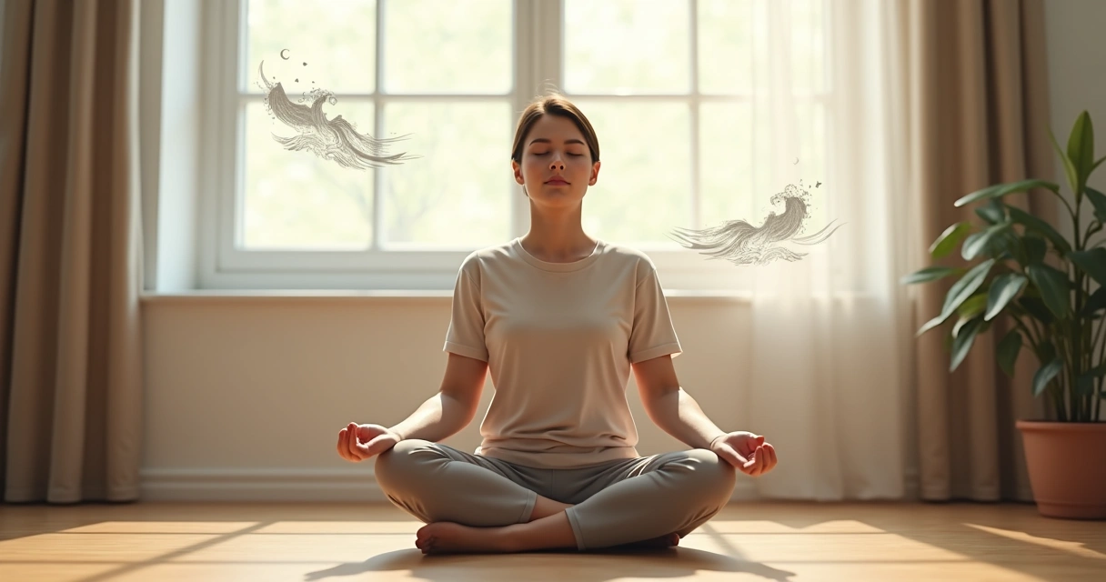 Pessoa sentada em postura relaxada e tranquila, focada na respiração controlada 