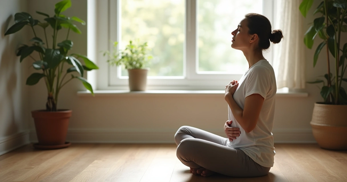 Pessoa sentada, olhos fechados, praticando respiração consciente