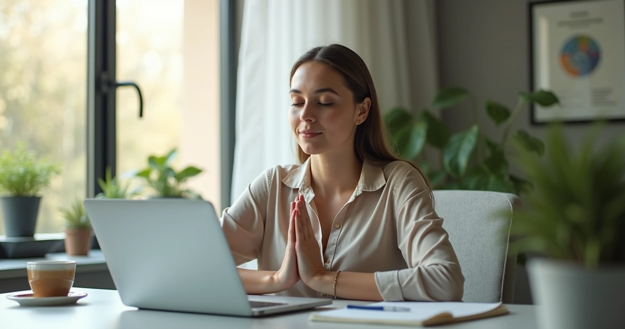Pessoa respirando com calma diante do notebook no escritório
