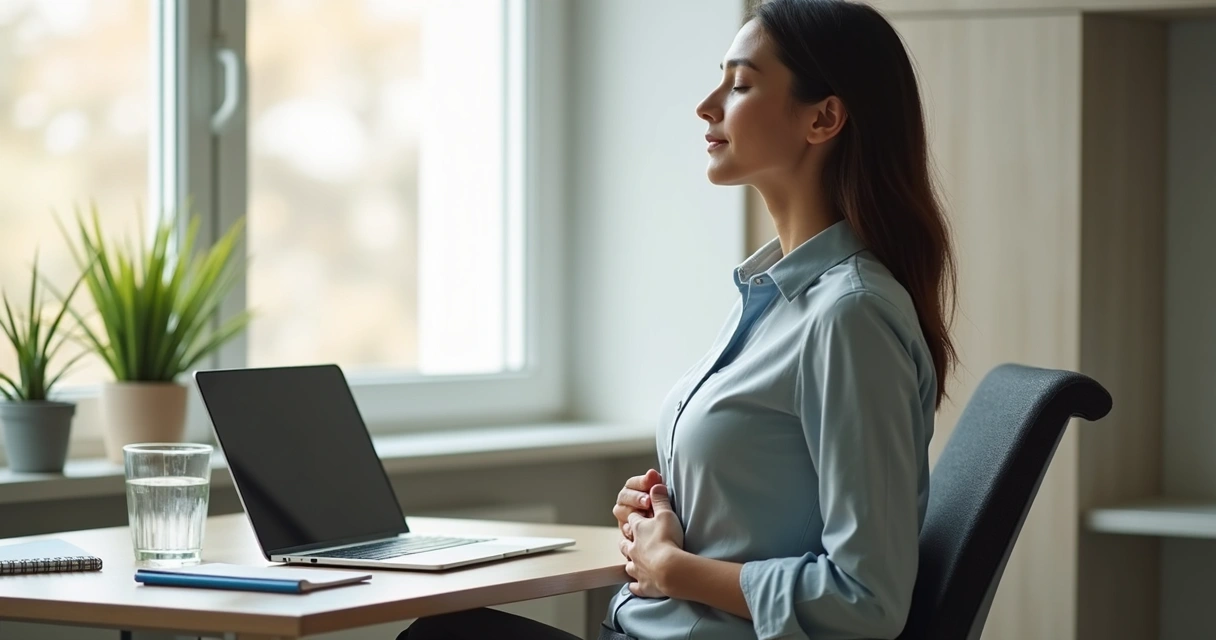 Profissional fazendo pausa respiratória na mesa de trabalho 