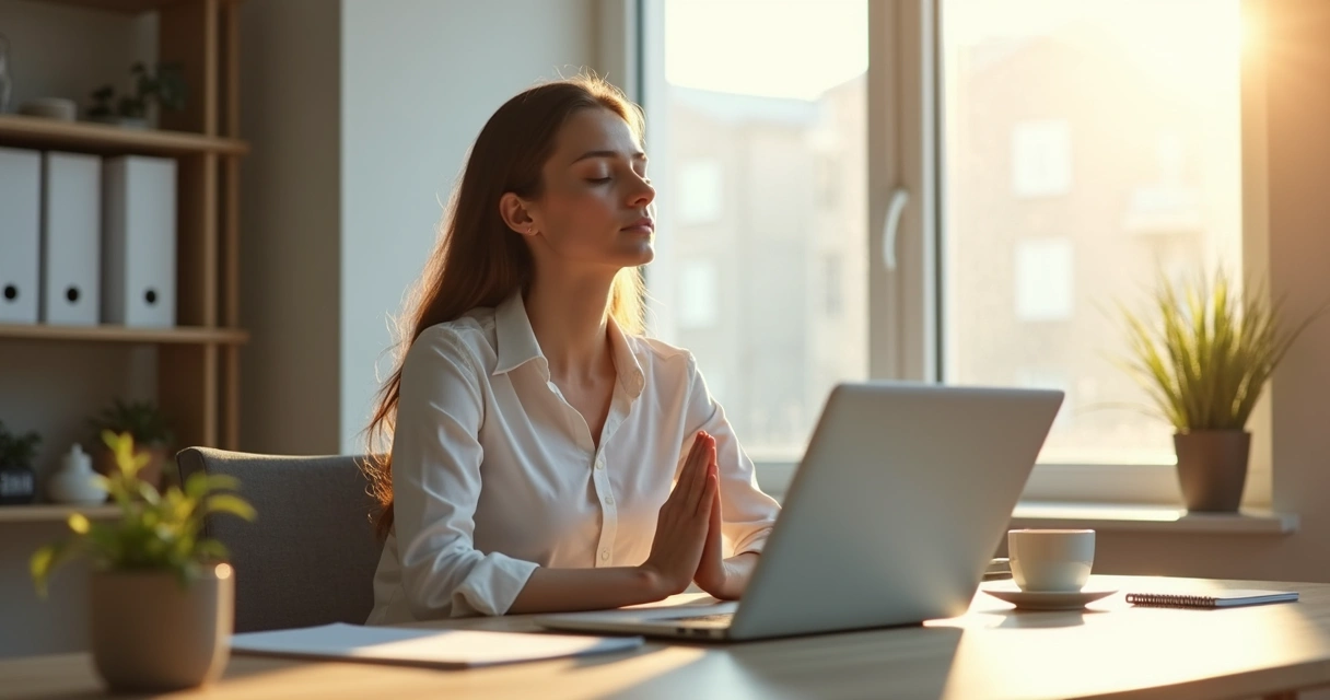 Profissional respirando em mesa de trabalho
