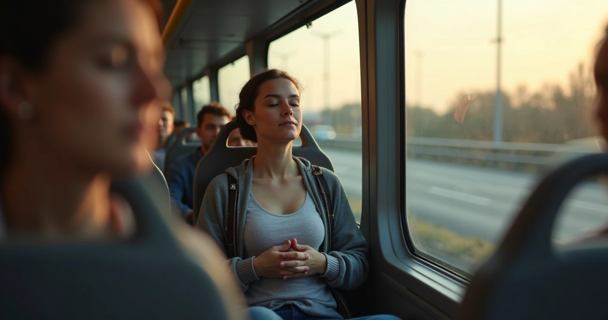 Pessoa em ônibus fazendo meditação com atenção na respiração 