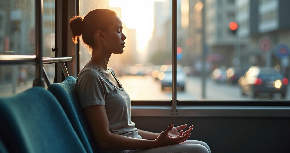 Pessoa respirando com calma sentada no ônibus urbano 